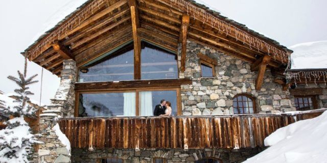 Alpine wedding bride and groom at Le Chardon Val d'Isere